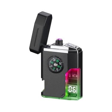 Imagem de Isqueiro de arco duplo, recarregável, à prova de vento, sem chama, à prova d'água, isqueiro elétrico USB com display digital de lanterna LED, bússola, abridor de garrafas para acampamento ao ar livre