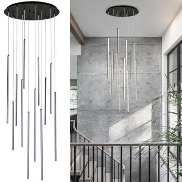 Imagem de VANZARLA Lustre grande de LED moderno para escadas, lustres pendentes pretos para sala de jantar, luz suspensa industrial para foyer, 3000K, não regulável