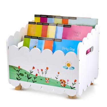 Imagem de QwayHome Estante infantil de madeira com 2 divisórias ajustáveis - Estante Montessori para berçário ou sala de jogos - Oragnzier de armazenamento de brinquedos com alça - Prateleira de livros infantis