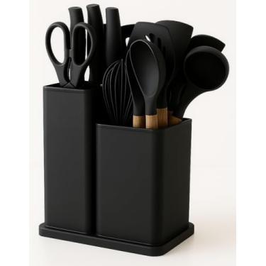 Imagem de Kit Utensílios de Cozinha 19 Peças Silicone Premium com Cabo de Madeira – Facas, Colheres, Espátulas, Tesoura, Pinça, Pincel, Tábua, Batedor e Suporte (159)