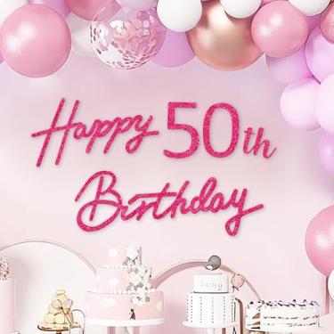 Imagem de TONIFUL Placa de feliz aniversário - Faixa de feltro ouro rosa com glitter - Inclui cola de bolinhas - perfeita para pano de fundo de festa de 50 anos, decoração de parede de 50 anos