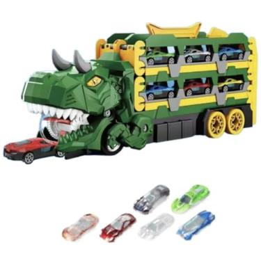 Imagem de Caminhão Dinossauro 4 em 1 com pista e lançador, 6 carrinhos de metal Cor: Azul e Verde (VERDE)