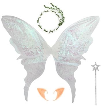Imagem de FramePro 32"x30" Fairy Wings for Adults and Girls - Sparkly Organza Butterfly Wings Costume Set with Flower Tiara, Elf Ears & Magic Wand for Halloween Parties, Cosplay (White)