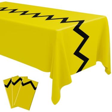 Imagem de Oudain 3 peças de toalhas de mesa amarelas de animação de desenho animado, capa de mesa descartável de plástico para videogames, 137 x 272 cm, para decoração de festa de aniversário