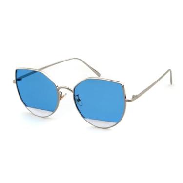 Imagem de VFDHN Óculos de sol retrô masculino e feminino, armação de metal, clássico, espelhado, prateado, azul, lentes, tons poligonais (6)
