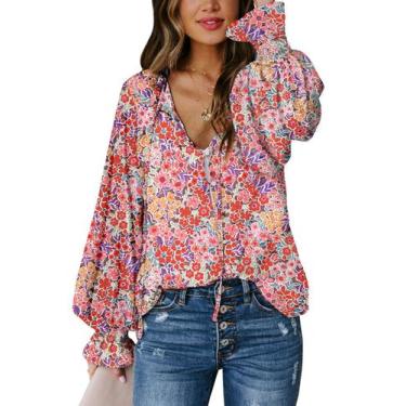 Imagem de Camisa feminina Biucly com estampa floral, boho, solta, decote em V, m