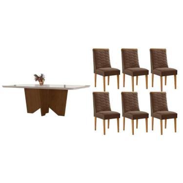 Imagem de Conjunto Sala de Jantar Nevada c/ Tampo Madeirado c/ Vidro Canto Curvo 180x90cm e 6 Cadeiras Maldivas Madeira Maciça Naturale/Off White - Capuccino/Su