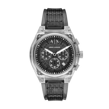Imagem de Armani Exchange Relógio masculino com cronógrafo A|X; relógio masculino com pulseira de couro, aço inoxidável ou silicone, Transparente/cinza, Sincronização