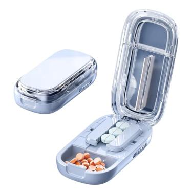 Imagem de Cortador de comprimidos portátil com compartimentos ajustáveis – Divisor de comprimidos para tablets pequenos e grandes, lâmina de aço inoxidável, corte transparente, design antiderrapante, fácil de
