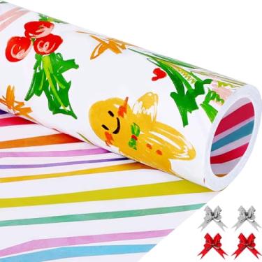 Imagem de EWES Conjunto de rolos de papel de embrulho de Natal branco, embrulho de presente infantil engraçado, padrão de grafite com Papai Noel, homem de gengibre, árvore de Natal, reversível, total de 28,5 m²