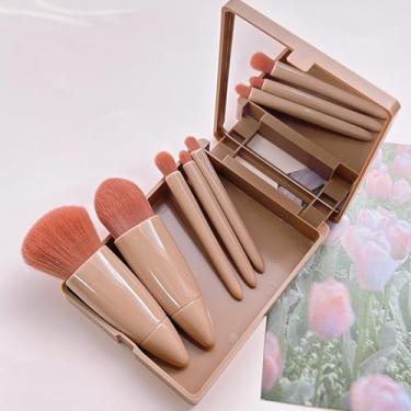 Imagem de Conjunto de pincéis de maquiagem para viagem fácil de tirar 5 peças, mini kit completo de pincéis cosméticos com espelho, base portátil e corretivo, conjunto de pincéis de maquiagem para sombra