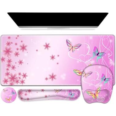 Imagem de Mouse pad com suporte de pulso, conjunto 4 em 1, 2GG grande jogo mousepad + teclado descanso de pulso + base para descanso de pulso + porta-copos tapete de jogos para trabalho, estudo, casa