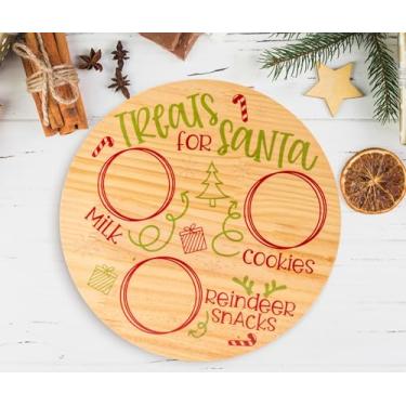 Imagem de Prato de biscoito de Papai Noel, bandeja redonda de madeira de Natal, biscoitos de véspera de Natal, lanches de rena de leite, tapete fofo, prato de madeira para crianças, suprimentos de decoração de