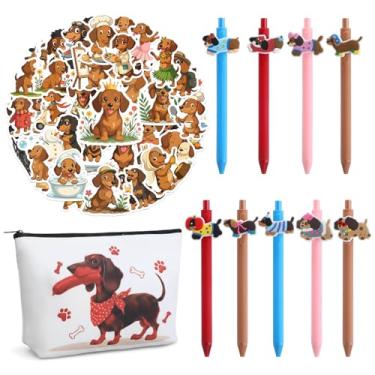 Imagem de Presentes de Dachshund para mulheres, presentes de cachorro Weiner para mulheres, conjuntos de artigos de papelaria para cães Weenie, decoração com bolsa de maquiagem temática de dachshund, caneta e