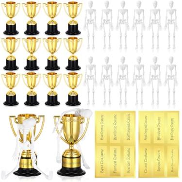 Imagem de Fiwochic Conjunto de 12 Troféus de Esqueleto de Melhor Fantasia de Halloween, Concurso de Fantasia de Halloween Dourado Troféus DIY com Adesivo e Etiqueta para Adultos Competição Classe Prêmios de