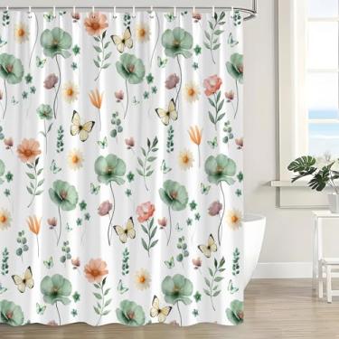 Imagem de UPUMKSK Cortina de chuveiro floral aquarela planta verde sálvia folhas botânicas modernas minimalistas brancas fofas flores silvestres borboleta natural cortina de banho com ganchos, 187 x 178 cm
