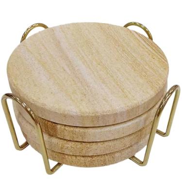 Imagem de YONGHEE Conjunto de 4 porta-copos de arenito com suporte, porta-copos de mármore redondos modernos elegantes para decoração de mesa de café, porta-copos de pedra absorvente para bebidas, 10 cm