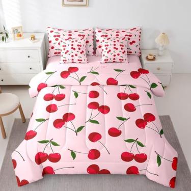Imagem de Erosebridal Jogo de cama infantil de cereja vermelha com 7 peças, fofo, kawaii, cereja e frutas doces em uma bolsa, tamanho casal, para meninas e adolescentes, rosa e sonhadora