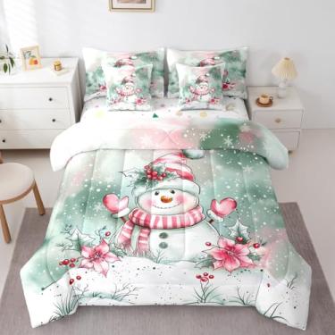 Imagem de Manfei Conjunto de edredom infantil fofo de boneco de neve, festival de inverno, Natal, decoração de Feliz Natal, para meninas e meninos, verde e rosa (2 fronhas + 2 fronhas + 2 fronhas)