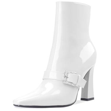 Imagem de Perisis Botas de cano curto, salto alto, grosso, preto, bico quadrado, fechado, curto, com zíper lateral, salto de 10 cm, padrão de crocodilo para mulheres e mulheres sexy, Patente branca, 42