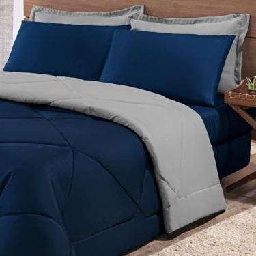 Imagem de Kit Edredom + Jogo De Lençol Aconchego Look House Dupla Face Casal Queen 06 Peças - Azul E Cinza