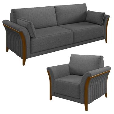 Imagem de Kit Sofá Living 3 Lugares E Poltrona 102cm Pés Madeira Roya M22 Linho Cinza Escuro - Mpozenato