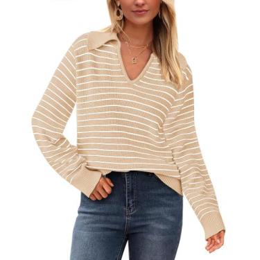 Imagem de Suéter feminino Yousify 2024 de manga comprida listrado cáqui XXL