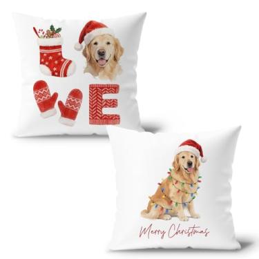Imagem de DENDOFENGE Capas de travesseiro de Natal Golden Retriever 45,7 x 45,7 cm, capas decorativas para sala de estar, quarto, sofá, presente para amantes de cães Golden Retriever, conjunto de 2