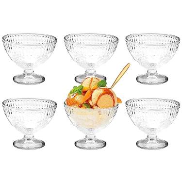 Imagem de 6 tigelas de sobremesa de vidro com colheres - Tigelas de bagatela em relevo com pés de 210 g para sorvete, sundaes, saladas de frutas - Pratos de servir elegantes e reutilizáveis para festas