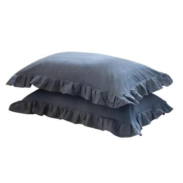 Imagem de Fronhas de algodão lavado azul, 2 fronhas com babados, tamanho 48 x 74 cm / padrão de 18,9 x 73,9 cm, adultos macios para