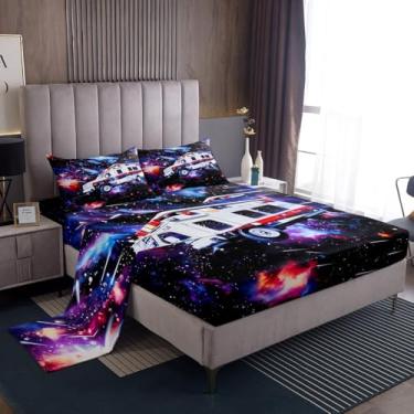 Imagem de Erosebridal Jogo de lençol casal casal de ambulância para decoração de quarto de meninos e meninas, veículos de emergência, galáxia roxa, céu estrelado, 4 peças