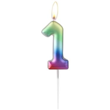 Imagem de Vela de aniversário número 1, decoração de bolo arco-íris gradiente, velas arco-íris de 1º aniversário para meninas, meninos, número de velas, topo de bolo, aniversário, casamento, tema doce, artigos