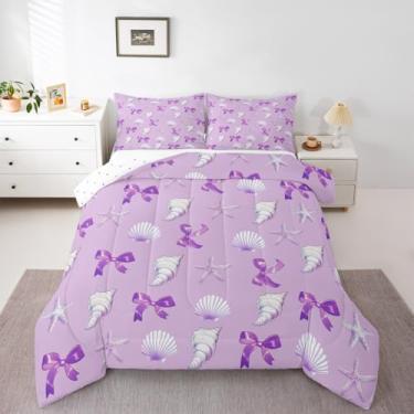 Imagem de Erosebridal Jogo de cama solteiro com estampa de conchas e estrela-do-mar Coquette, desenho 3D, para crianças, meninas, mulheres, conchas, praia, roxo, oceano, animais, decoração de quarto