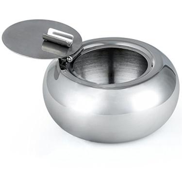 Imagem de Cinzeiro de cigarro de aço inoxidável com tampa, cinzeiro de cigarro maxin para fumar cinzeiro de mesa para decoração de escritório em casa - prata