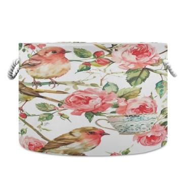Imagem de SEHANY Cesta redonda grande de flores e pássaros com alça de corda, cesto de roupa suja de lona para armazenamento de cobertores, cesta de armazenamento de berçário infantil para quarto de banho