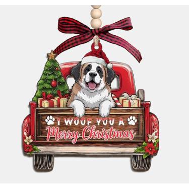 Imagem de Enfeite de madeira I Woof You A Merry Christmas - Caminhão de Natal com cachorro de São Bernardo, 3 camadas, enfeite de lembrança de madeira, presentes para mulheres, homens, amantes de animais de