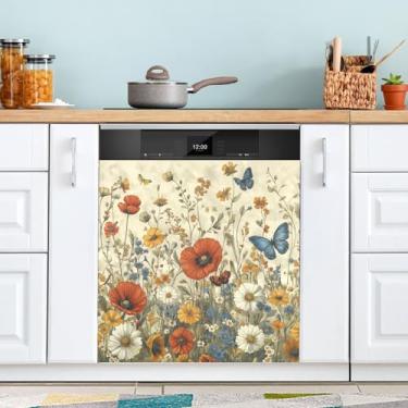 Imagem de ATTX Capa de ímã de lava-louças flores silvestres e borboletas, 58,4 cm C x 66 cm A decoração da capa da máquina de lavar louça, decalques de armário doméstico eletrodomésticos adesivos #47