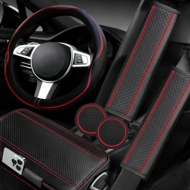 Imagem de NBTEPEM Conjunto de capas de volante de carro com 6 peças, capas de volante de couro de microfibra universais de 14,5 a 15 polegadas, capa de console central, almofada de cinto de segurança