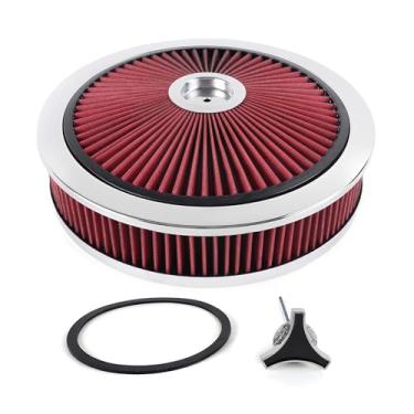 Imagem de Kit de montagem de filtro de purificador de ar redondo de 35,56 cm x 7,6 cm com tampa de alto fluxo lavável e reutilizável para tampa de caburetor de 14 cm pescoço de carburador compatível com Ford