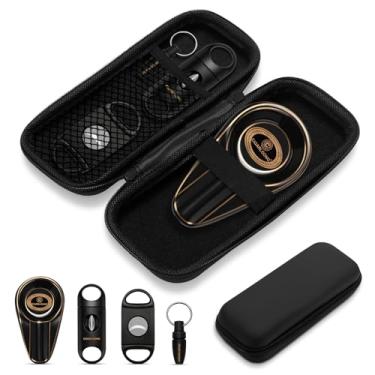 Imagem de Conjunto portátil de acessórios para charutos, caixa de charuto/umidificador 4 em 1 - cortador de corte V, cortador reto, furador, cinzeiro de cerâmica com bolsa de acessórios, kit de ferramentas de