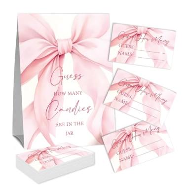 Imagem de Placa Guess How Many Candies (1 placa de pé e 50 cartões de adivinhação) Kit de cartas de jogo de atividades com tema de arco rosa para chás de bebê, festas de recém-nascidos, chá de noivado de