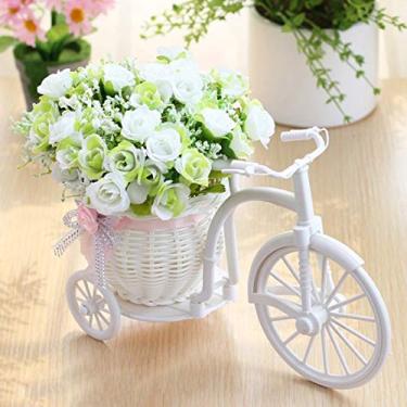Imagem de LMJYU Conjunto de 3 peças de flores artificiais de rosa + vaso de bicicleta de vime com flores de frutas falsas conjunto de flores de madeira, cerca de madeira, planta verde