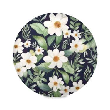 Imagem de Wassud Jogo americano flores brancas e folhas verdes tapetes de mesa redondos para cozinha e jantar tapetes laváveis resistentes ao calor decoração de mesa 39 cm