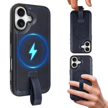 Imagem de AIGOMARA Capa magnética de couro para iPhone 17 com alça de dedo, compatível com Magsafe, capa de telefone fina de poliuretano de luxo, antiderrapante, resistente, à prova de choque, azul