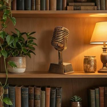 Imagem de Microfone Troféu Retrô 16,5 cm Resina Sintética Vintage Music Award, Ornamento Decorativo de Mesa de Microfone para Concurso de Canto, Decoração de Festa de Karaokê