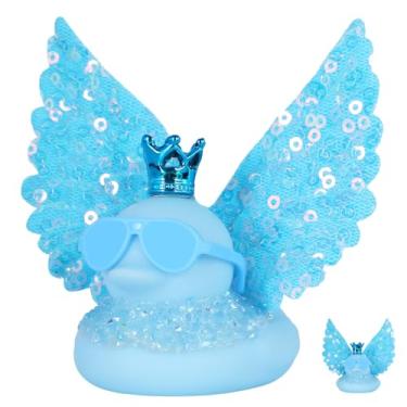 Imagem de FINEED Pato de borracha de anjo de asa de lantejoulas azuis, coroa azul e óculos de sol e tira de broca adornado pato de borracha, patos de borracha azul engraçados, decoração de painel de carro, gel