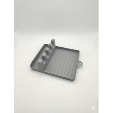 Imagem de Descanso para Talheres e Tampa de Panela com Bandeja Coletora, Plástico Resistente, 14,5x13x5 cm, Capacidade para 4 Utensílios, Design Moderno (Cinza)