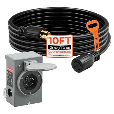 Imagem de VEVOR Cabo gerador de 30 Amp e caixa de entrada de energia, 3 m, 125/250V NEMA L14-30P para L14-30R Cabo de alimentação de extensão resistente, SJTW calibre 10 7500W, caixa de entrada pré-perfurada