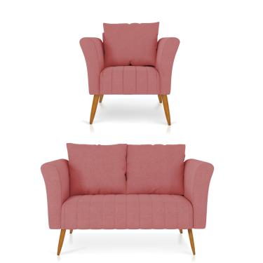 Imagem de Kit 01 Namoradeira 02 Lugares e 01 Poltrona Marilia Linho Whiski Rose A106 Pés Palito Castanho - D'Rossi