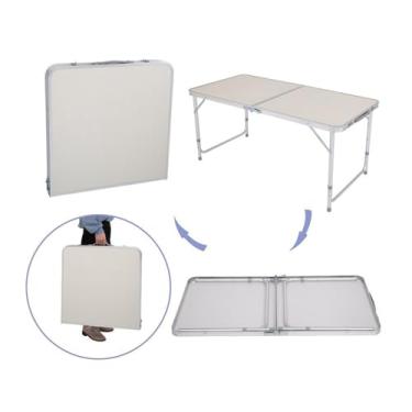Imagem de Mesa Dobrável de Alumínio 120x60cm com Tampo em MDF, Altura Ajustável 58/72cm, Portátil Tipo Maleta para Camping, Praia e Piquenique(Bege)